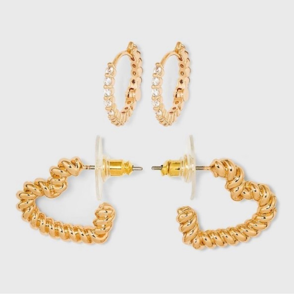 Sugarfix by Baublebar Crystal & Gold Tone Beaded Heart‎ Hoop Earring Set 2 Pairs
